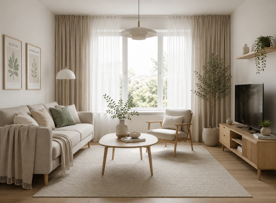 Hình ảnh rèm cửa Scandinavian ứng dụng trong không gian phòng khách