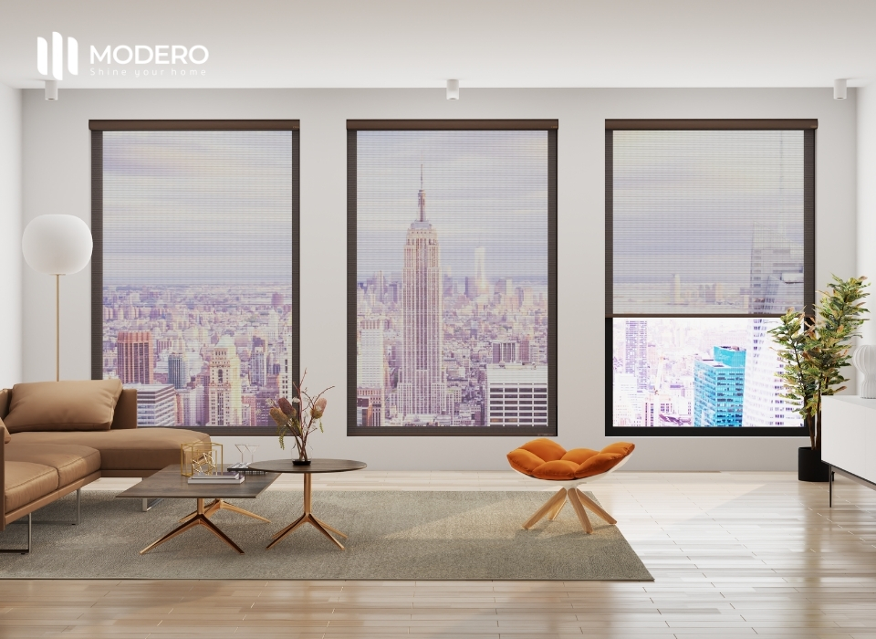 Rèm cuốn MODERO trong phối cảnh không gian phòng khách sang trọng và hiện đại.
