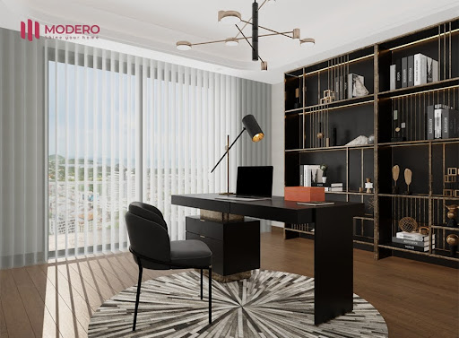 Mành đứng Elise góp phần tạo nên sự riêng tư, điều chỉnh ánh sáng linh hoạt cho căn phòng làm việc hiện đại.