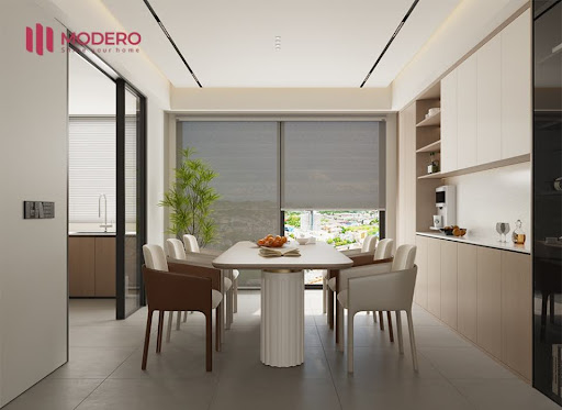 Thiết kế phòng ăn với rèm cuốn hiện đại, cao cấp do MODERO sản xuất