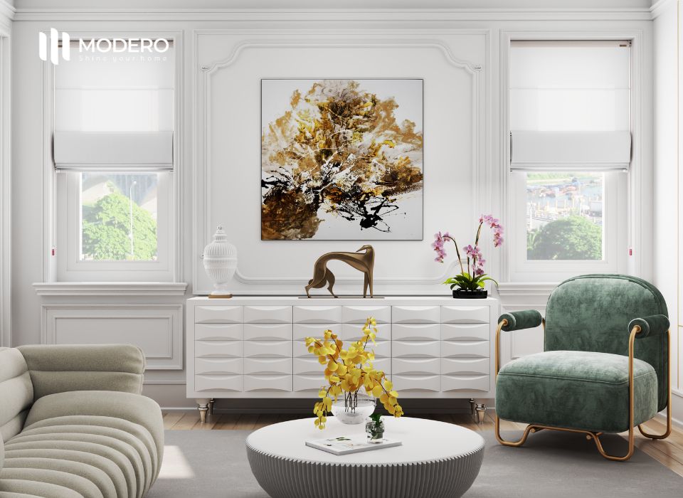 Sự đồng bộ của rèm roman trong nội thất giúp nâng tầm giá trị thẩm mỹ cho toàn bộ ngôi nhà.